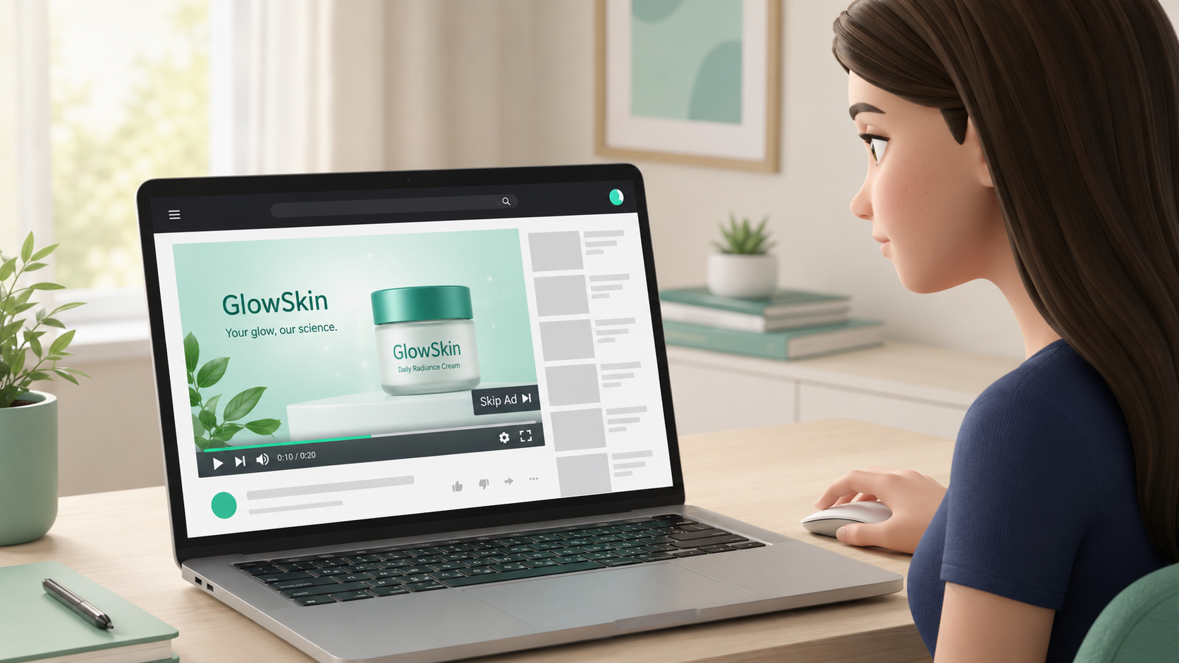 Sarah at her desk, watching a GlowSkin YouTube pre-roll ad