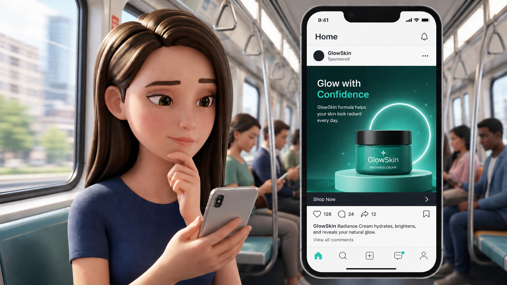 Sarah on the subway, looking at a GlowSkin Instagram ad