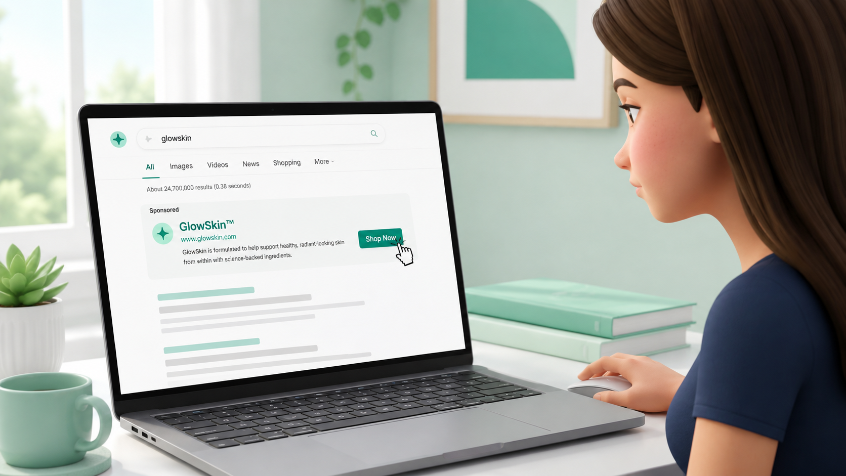 Sarah at her desk, clicking the GlowSkin branded result on Google